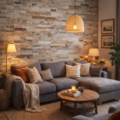 natuursteen wandplaten snow white woonkamer